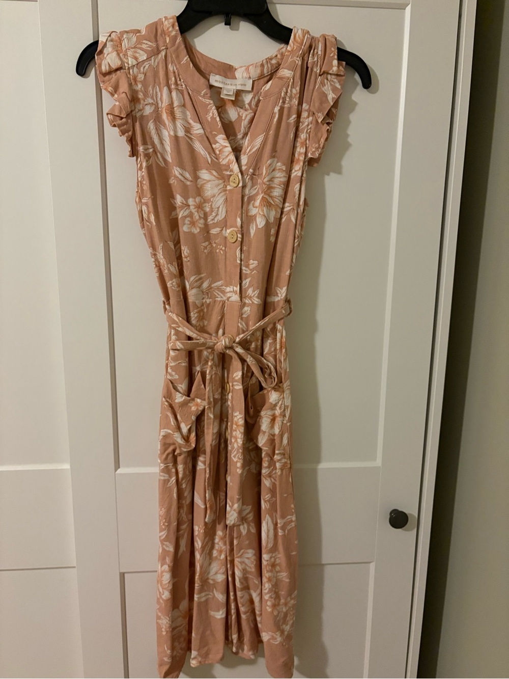 Monteau Pink Floral Maxi Dress with Buttons and Tie Waist
